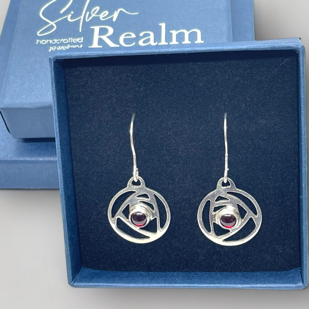 Garnet and sterling silver earrings inspired by the Charles Rennie Mackintosh "Rose" design