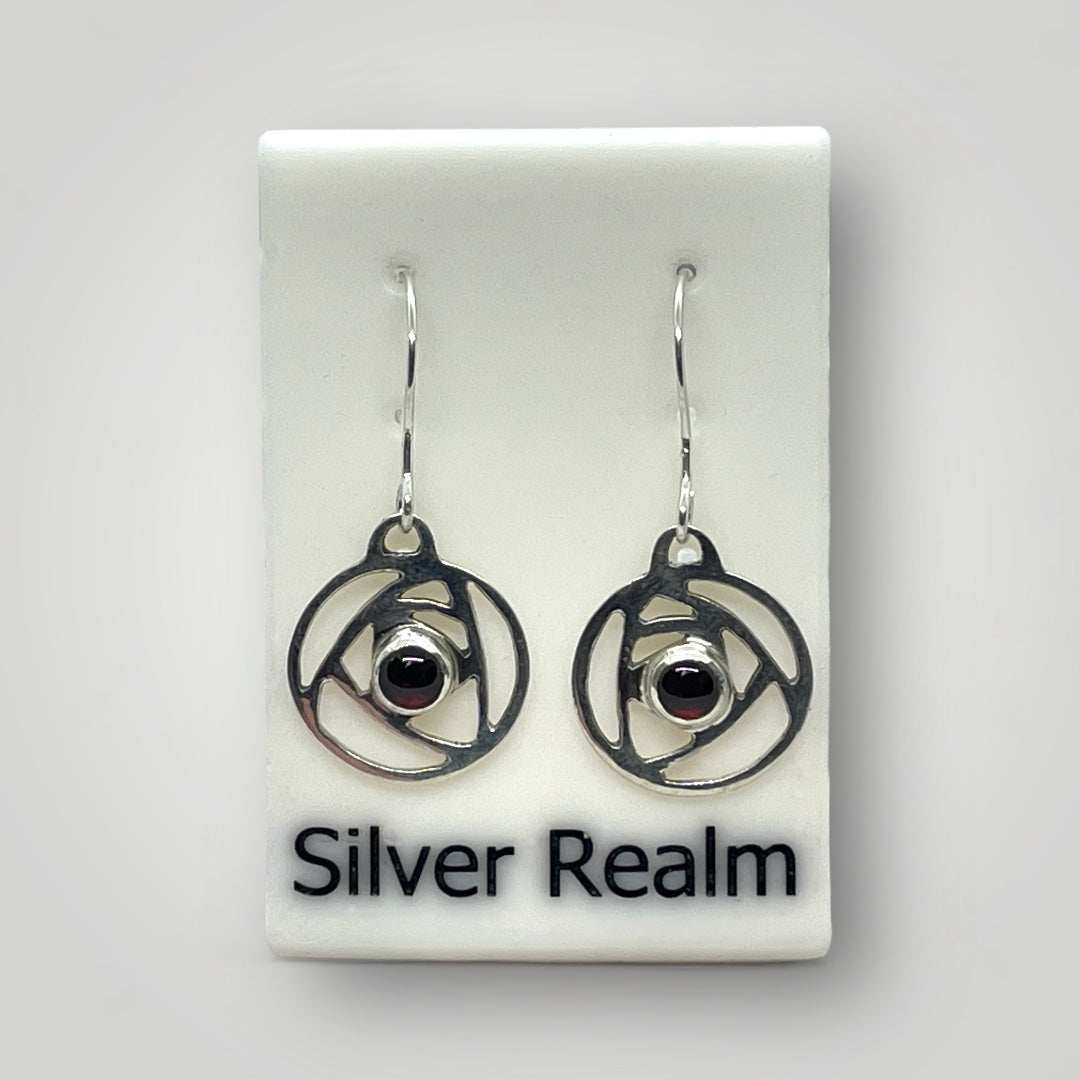 Garnet and sterling silver earrings inspired by the Charles Rennie Mackintosh "Rose" design