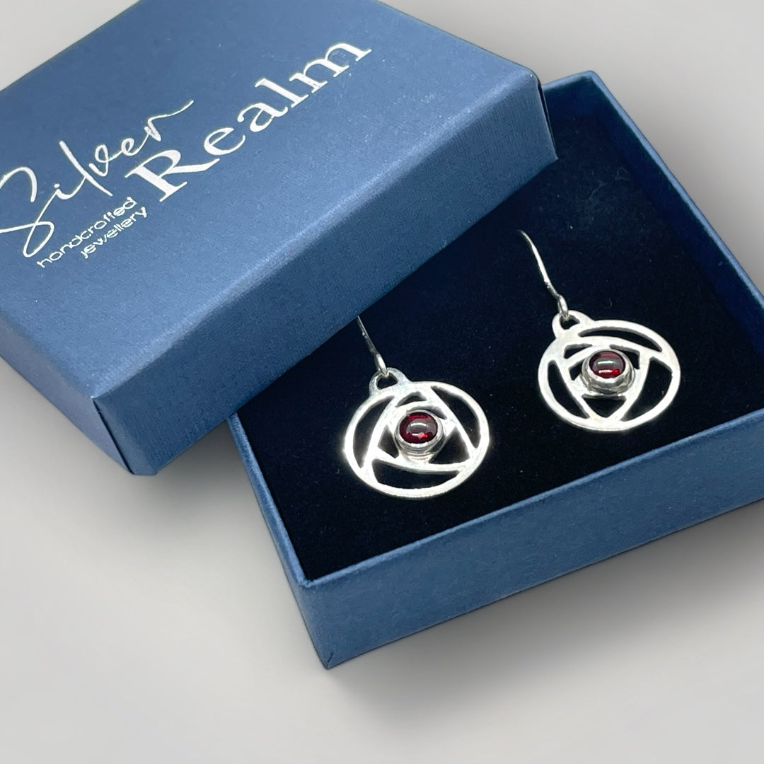 Garnet and sterling silver earrings inspired by the Charles Rennie Mackintosh "Rose" design