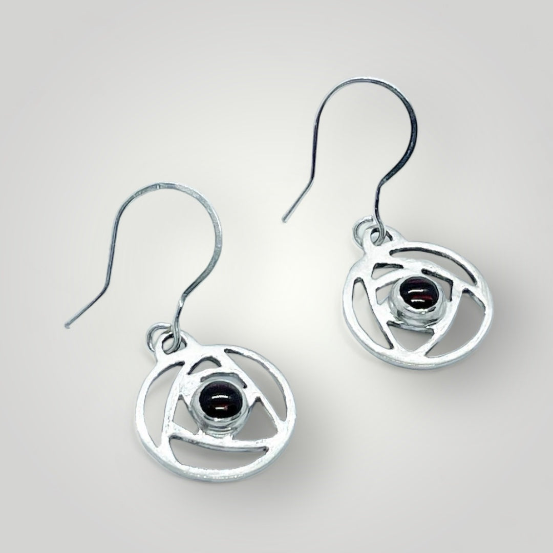 Garnet and sterling silver earrings inspired by the Charles Rennie Mackintosh "Rose" design