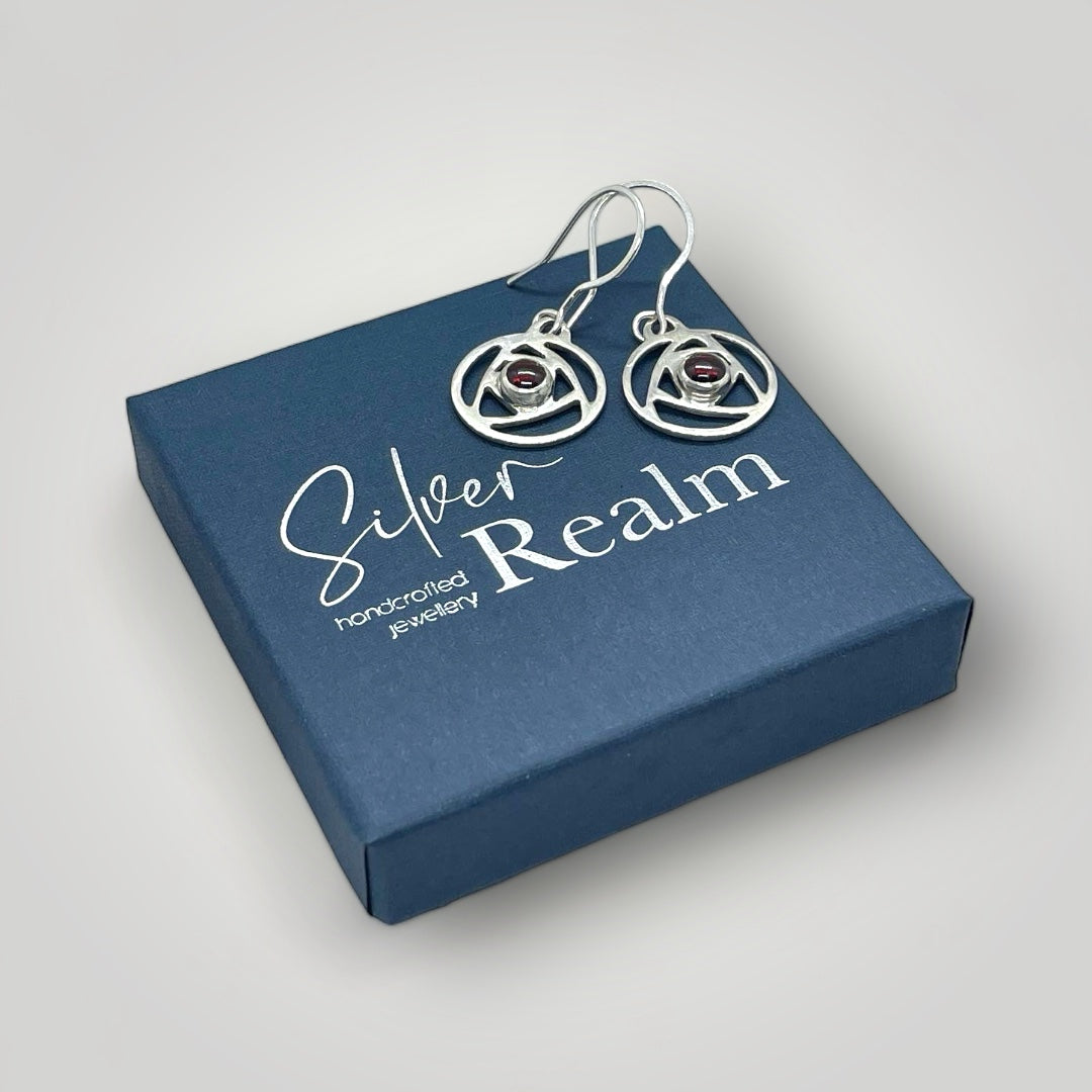 Garnet and sterling silver earrings inspired by the Charles Rennie Mackintosh "Rose" design