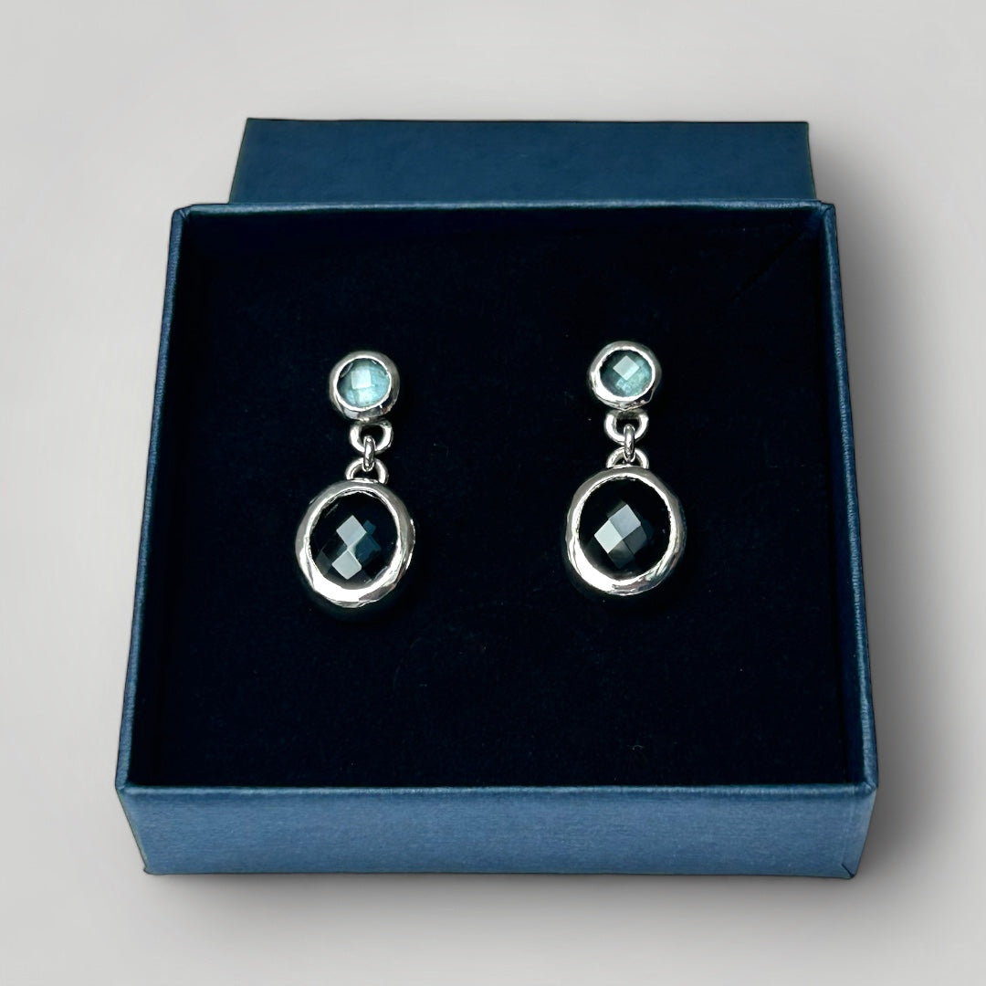 London Blue Topaz and sterling silver dangly earrings in a gift box