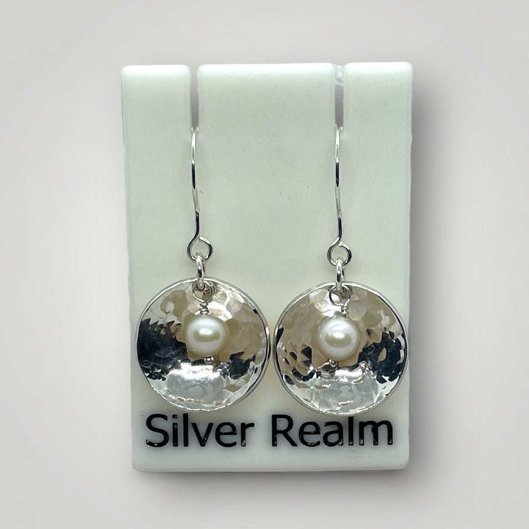 Pearl and hammered sterling silver dangly earrings