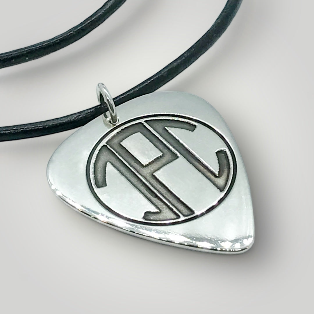 example of a personalised guitar pick necklace