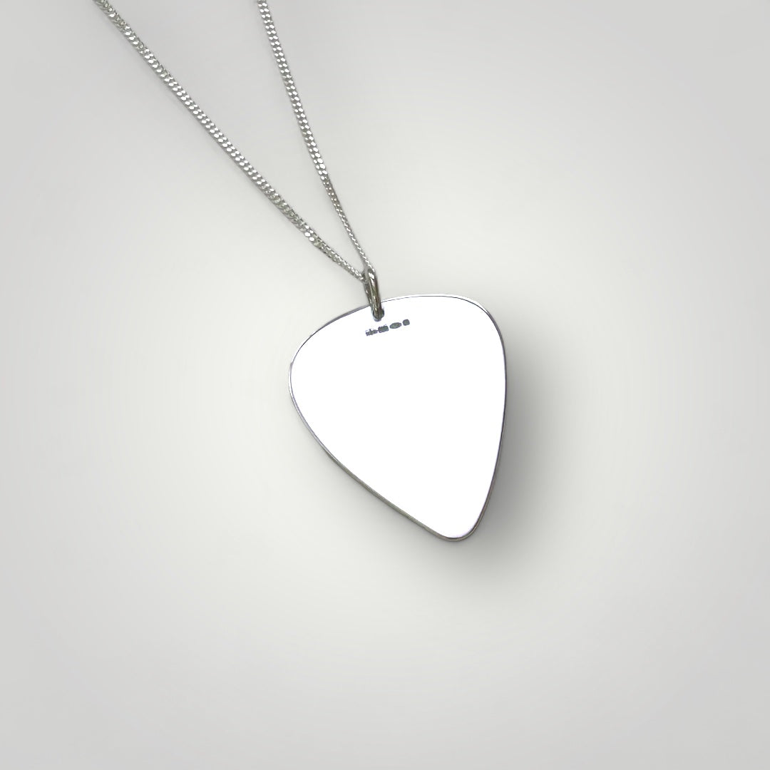 silver guitar pick necklace showing hallmark