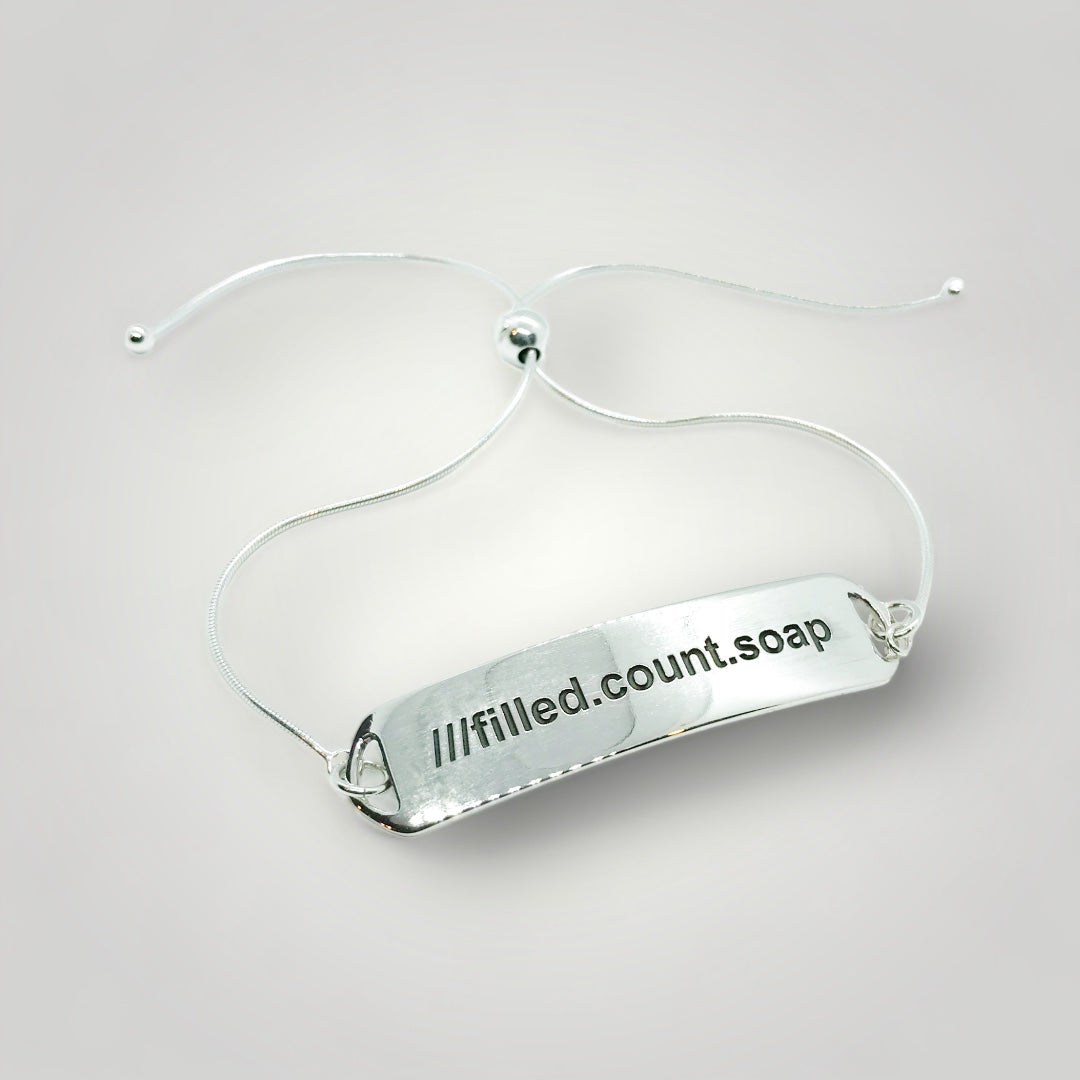 A what3words, sterling silver, adjustable identity bracelet