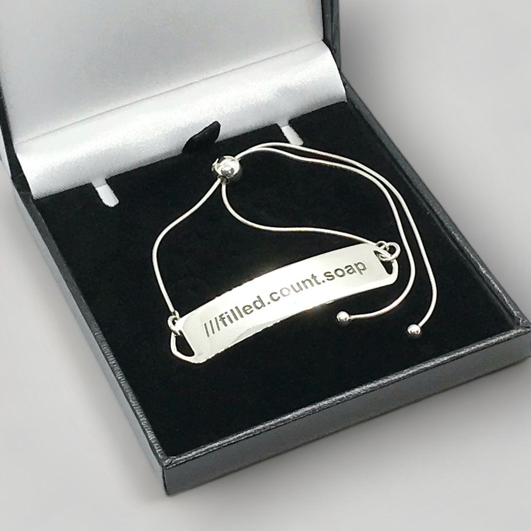 A what3words, sterling silver, adjustable identity bracelet