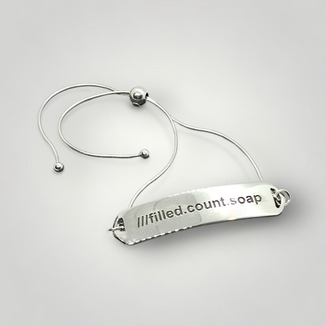 A what3words, sterling silver, adjustable identity bracelet