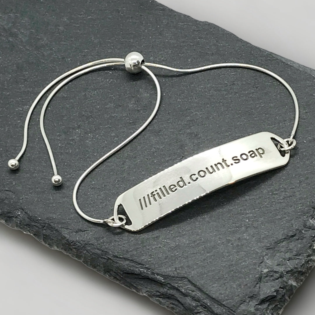 A what3words, sterling silver, adjustable identity bracelet
