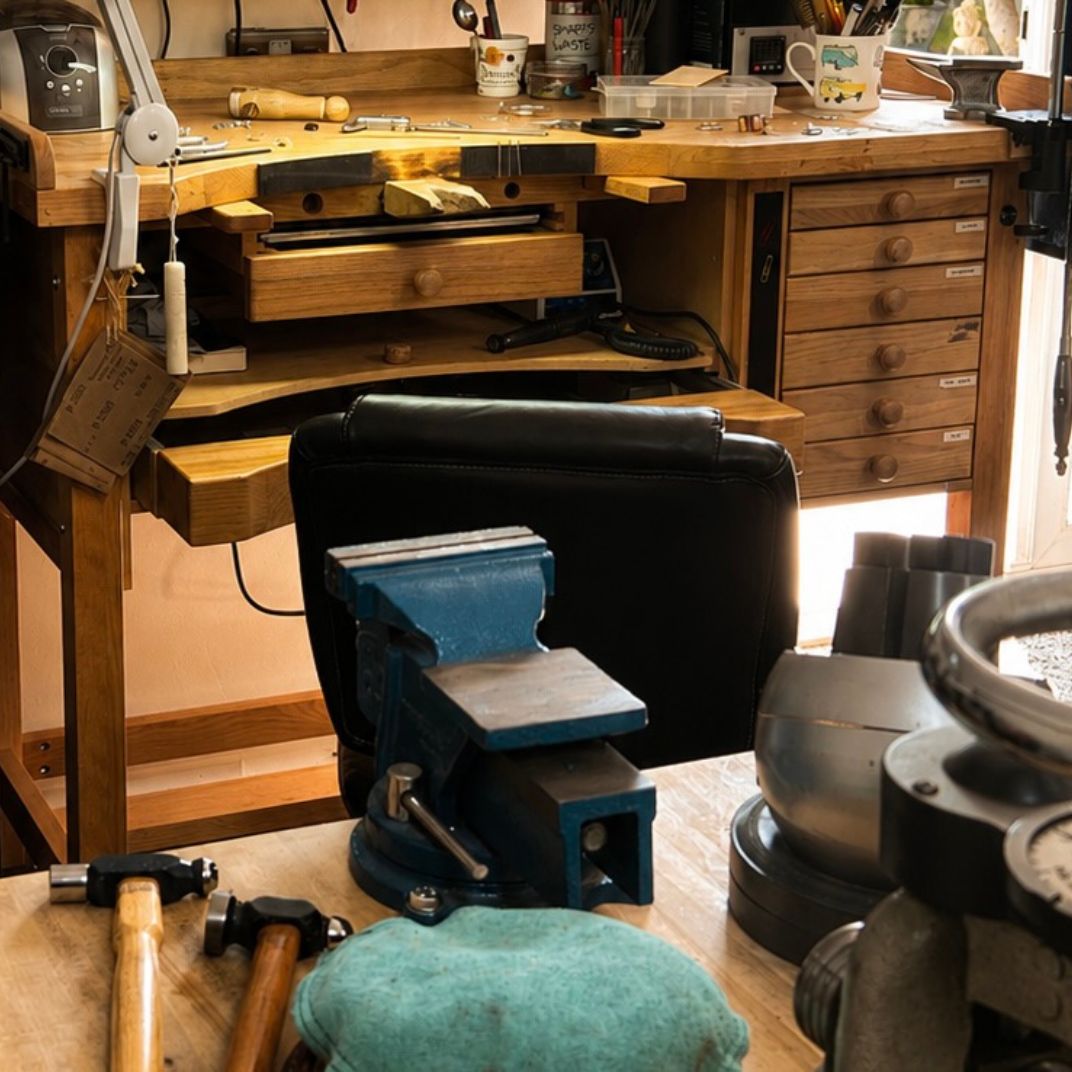 Jewellery making workbench and tools in the Silver Realm studio
