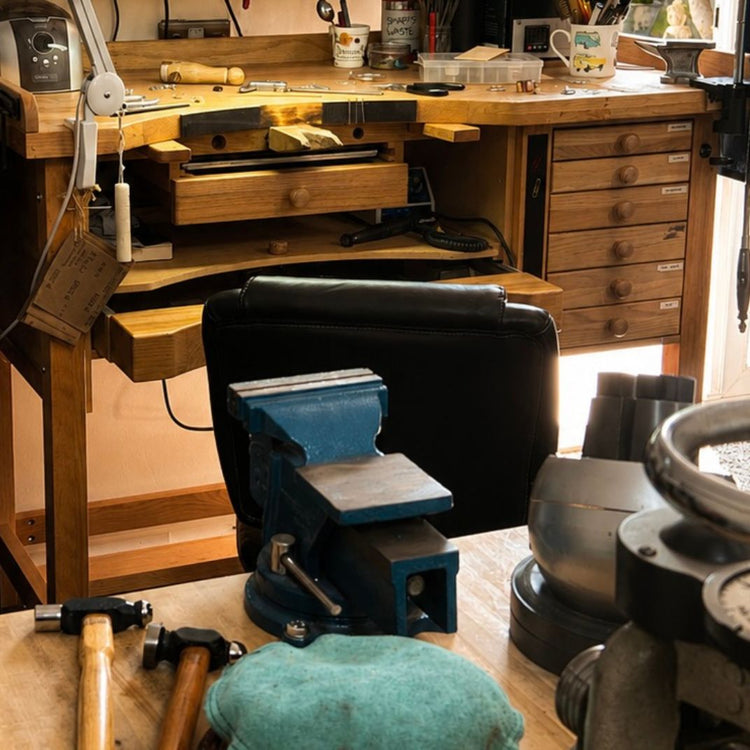 Jewellery making workbench and tools in the Silver Realm studio