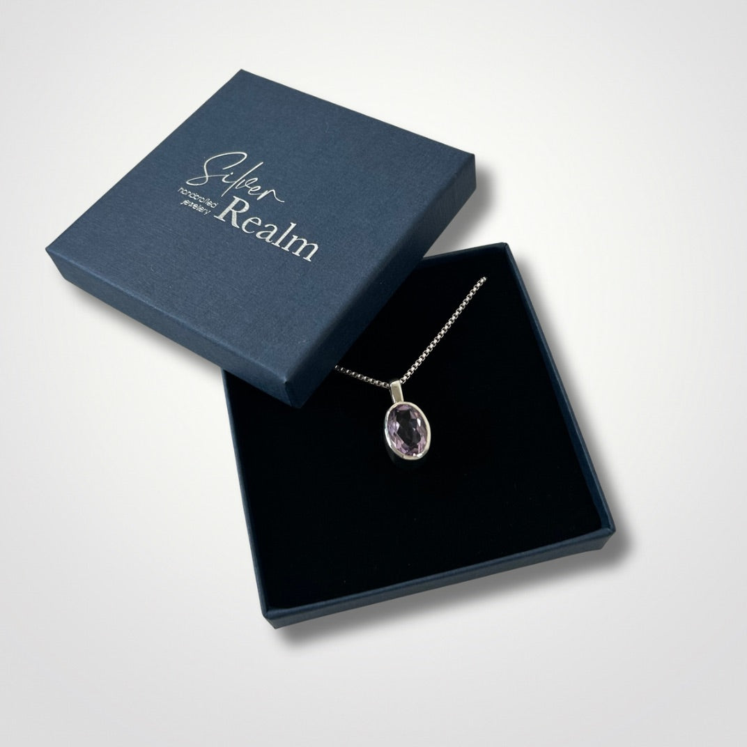 Amethyst sterling silver pendant necklace presented in a Silver Realm gift box
