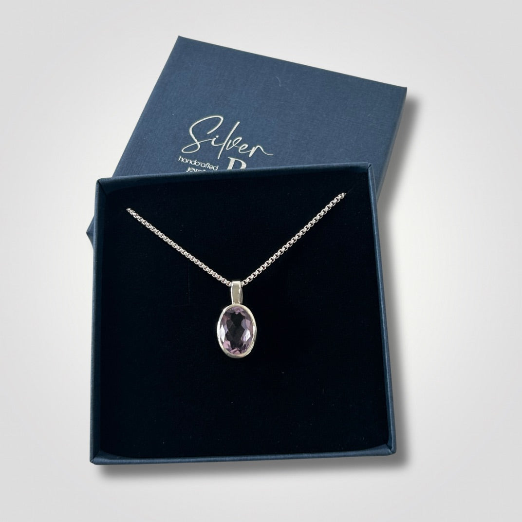 Amethyst sterling silver pendant necklace presented in a Silver Realm gift box
