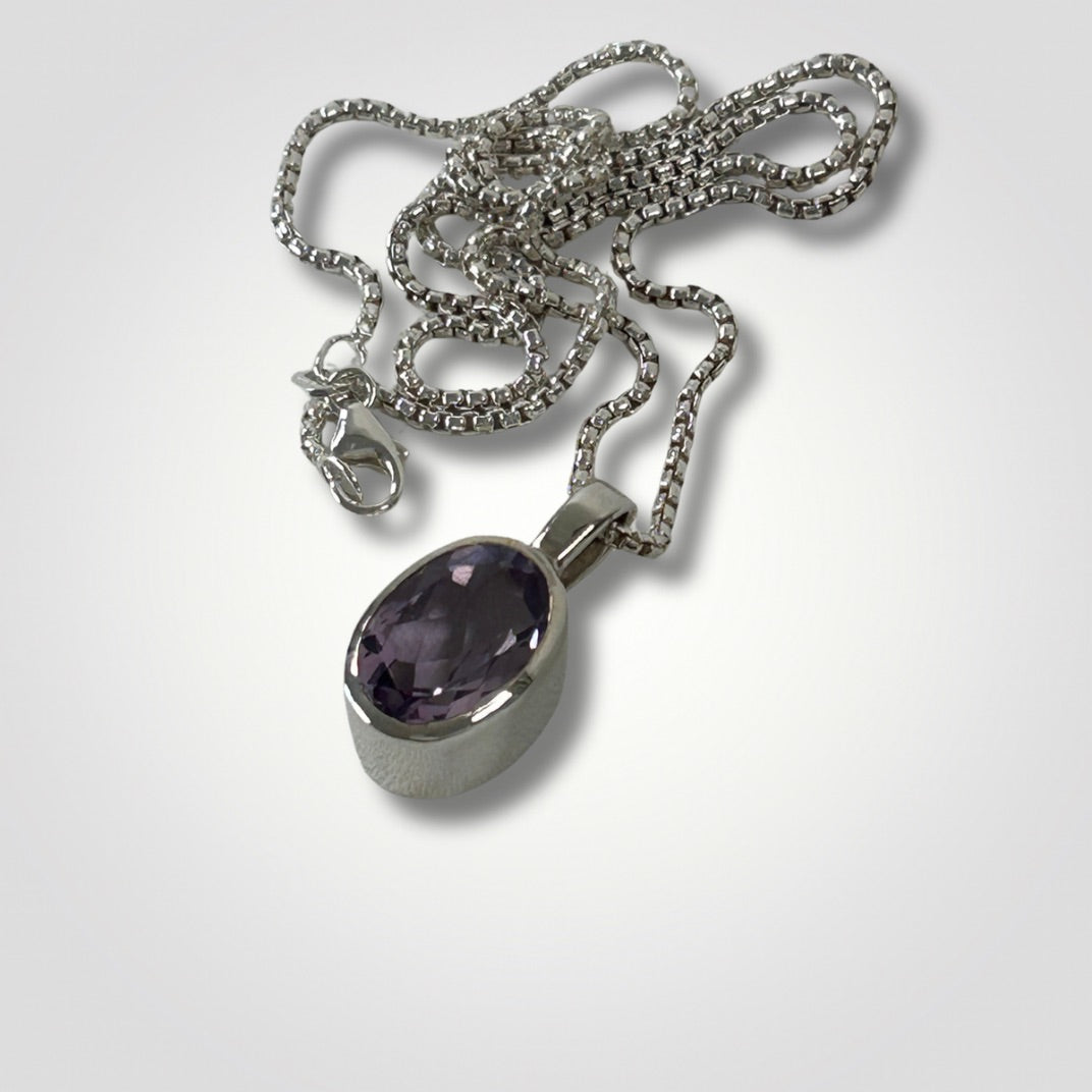 Faceted amethyst sterling silver pendant necklace on an 18 inch box chain