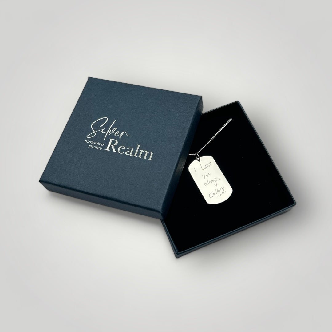 Personalised pendant necklace in sterling silver with engraved handwriting.