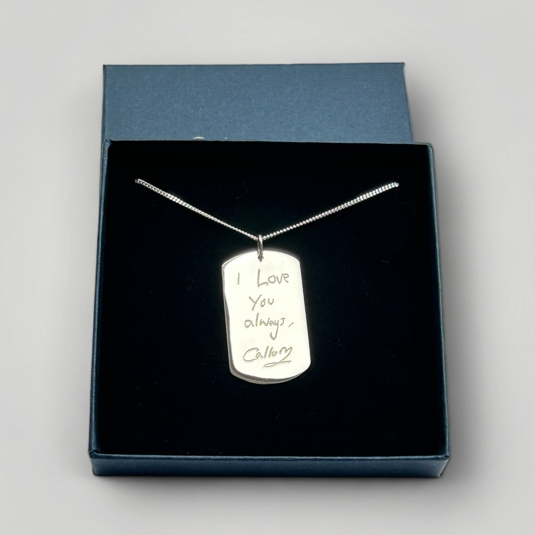 Personalised pendant necklace in sterling silver with engraved handwriting.