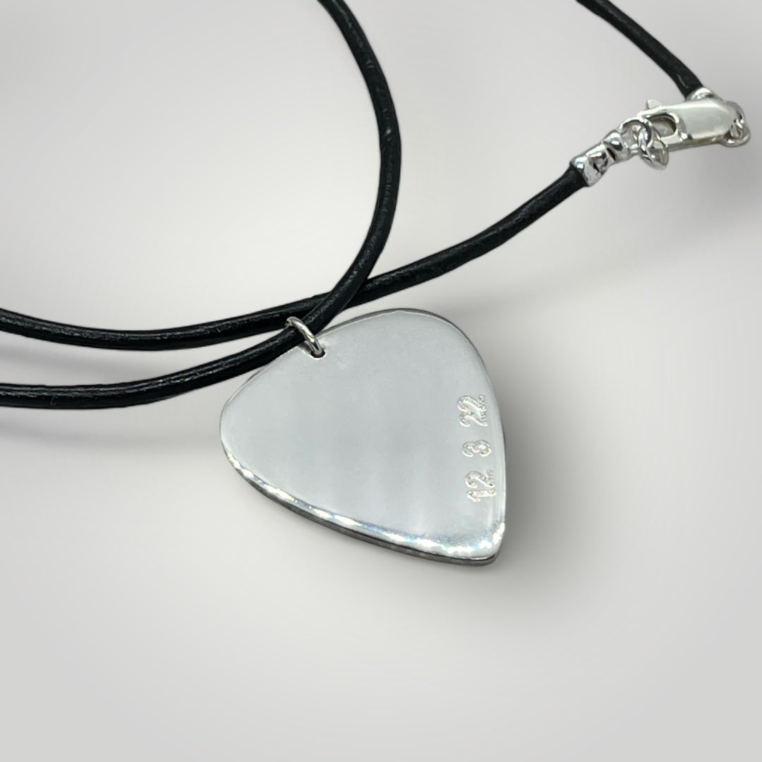 Personalised Guitar Pick Pendant Necklace - Sterling Silver on Leather Cord