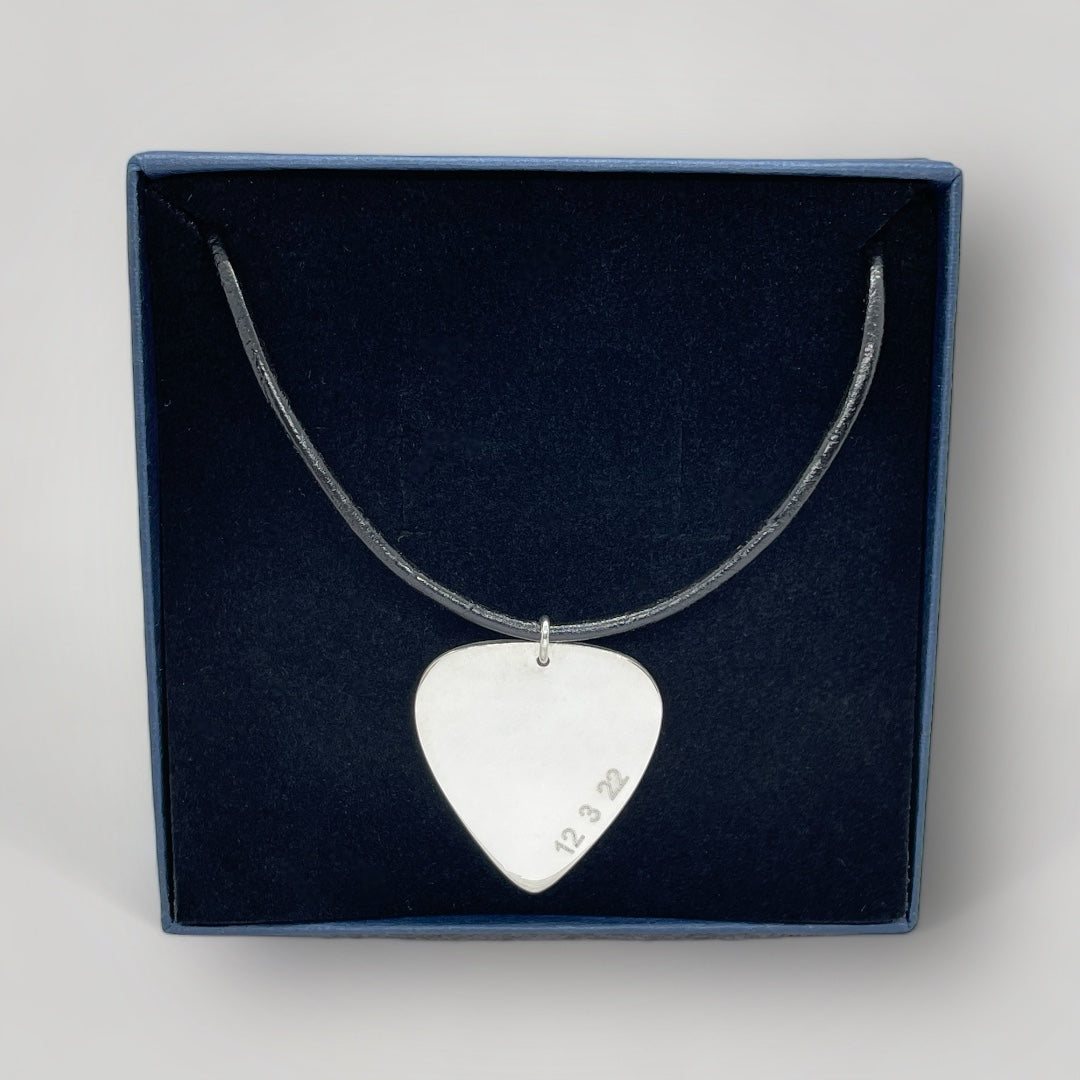 Personalised Guitar Pick Pendant Necklace - Sterling Silver on Leather Cord