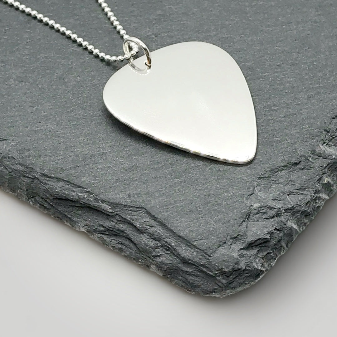 Personalised Guitar Pick Pendant Necklace - Sterling Silver on Sterling Silver Chain