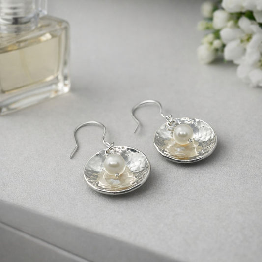 Handmade Sterling Silver Hammered Disc Earrings with Freshwater Pearls | Hallmarked UK
