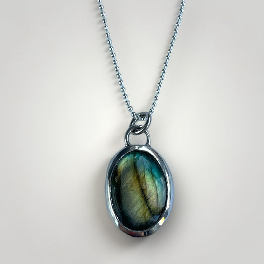 Labradorite Oval Pendant with Flower Detail