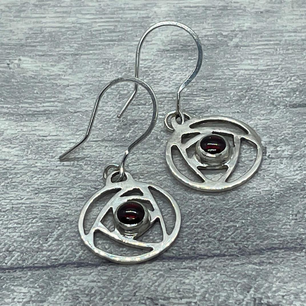 Garnet and sterling silver earrings inspired by the Charles Rennie Mackintosh "Rose" design.