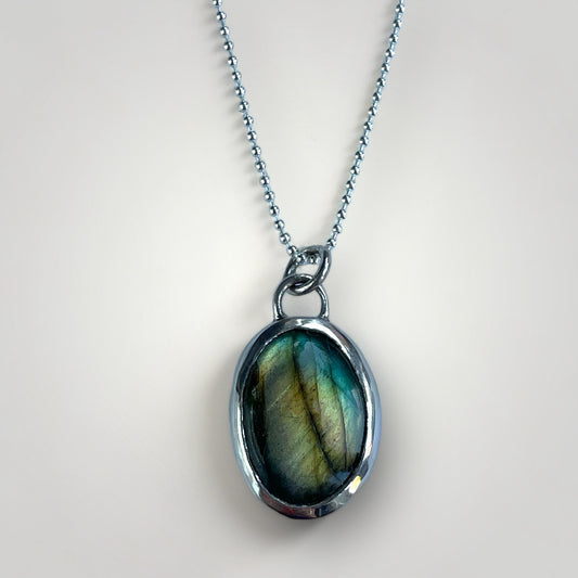 Oval Labradorite pendant in sterling silver on a sterling silver chain