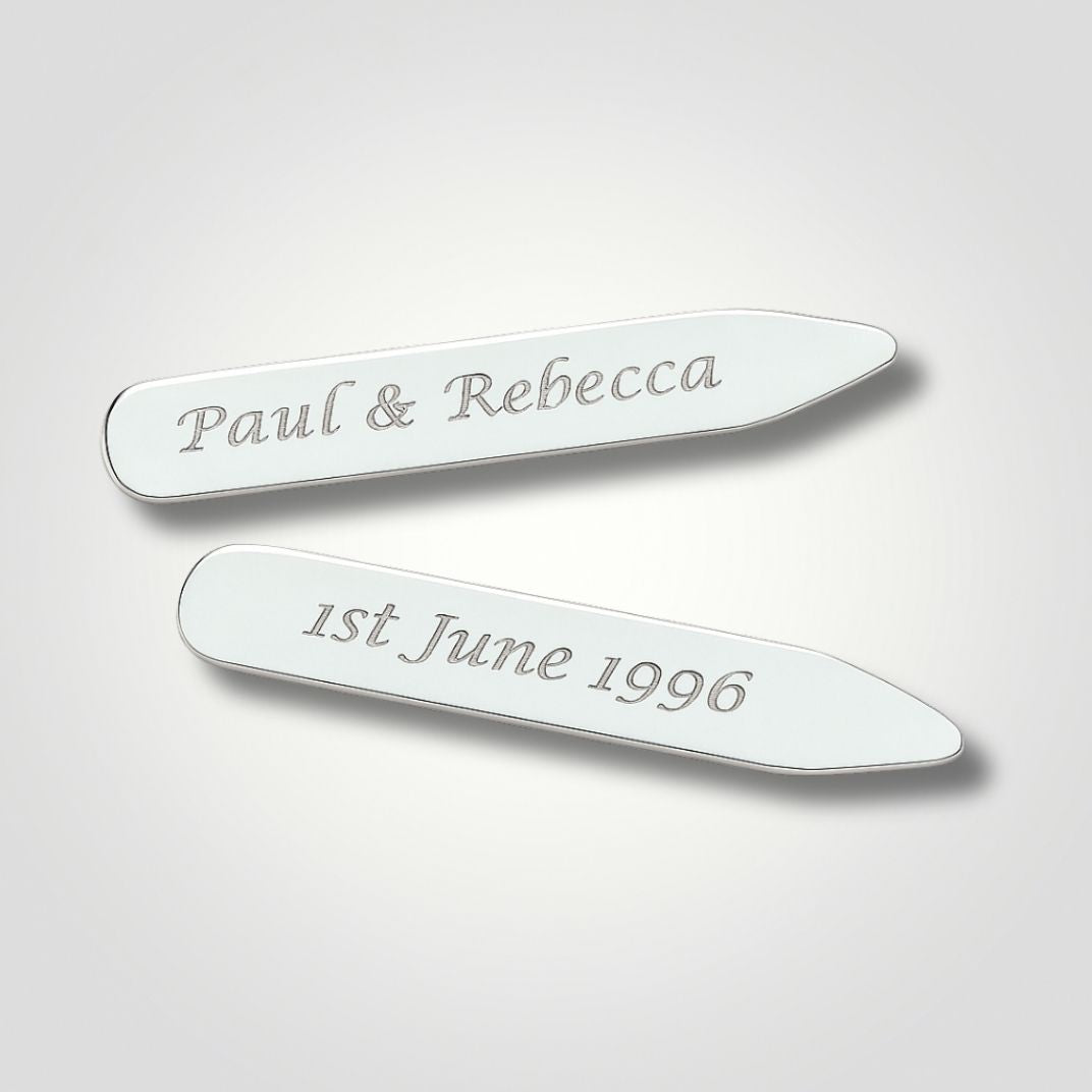 Personalised sterling silver collar stays with engraved names and date