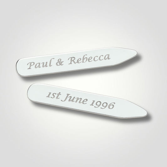 Personalised sterling silver collar stays with engraved names and date