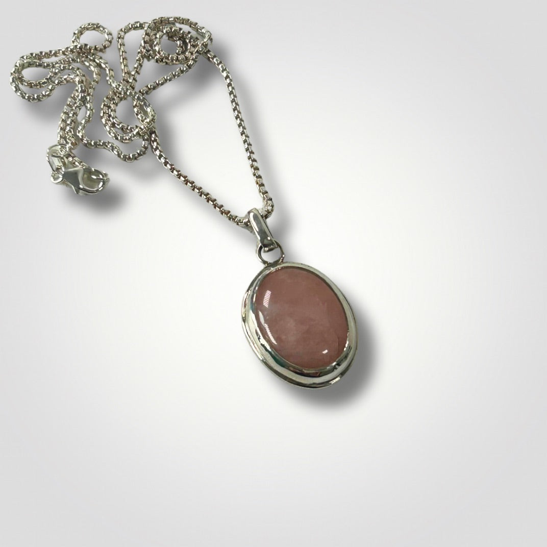 Rose quartz sterling silver pendant necklace with oval pink gemstone