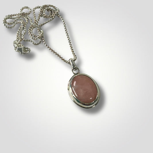 Rose quartz sterling silver pendant necklace with oval pink gemstone