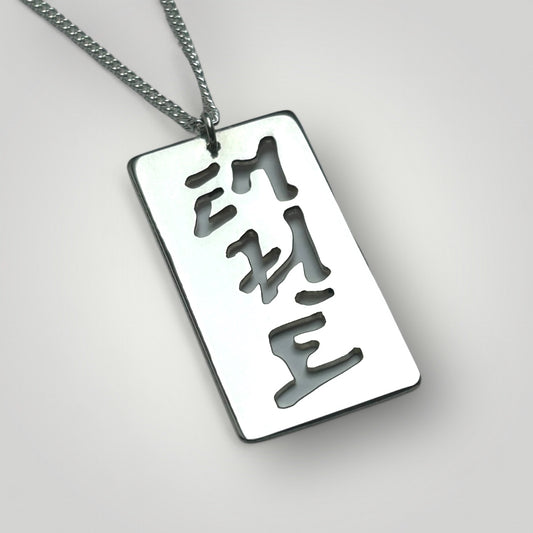 Sterling silver pendant with cut-out characters reading Taekwon-Do in Korean script on a gray background
