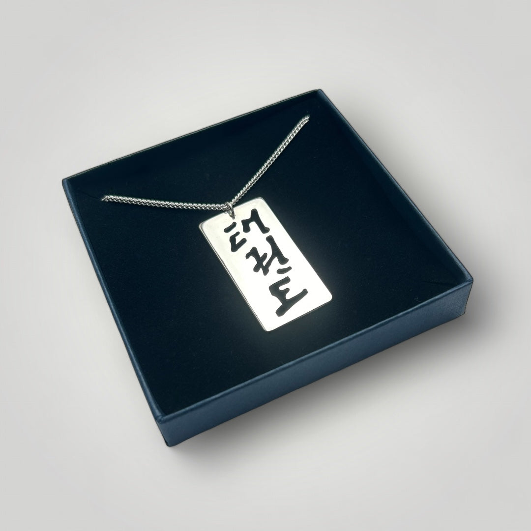 Sterling silver pendant with cut-out characters reading Taekwon-Do in Korean script in a dark blue box on a gray background