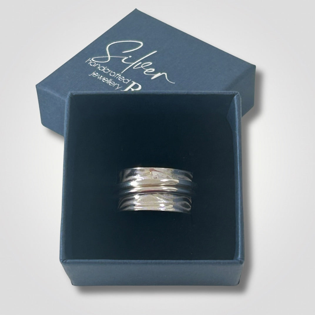 Wide textured sterling silver double spinner ring in Silver Realm gift box