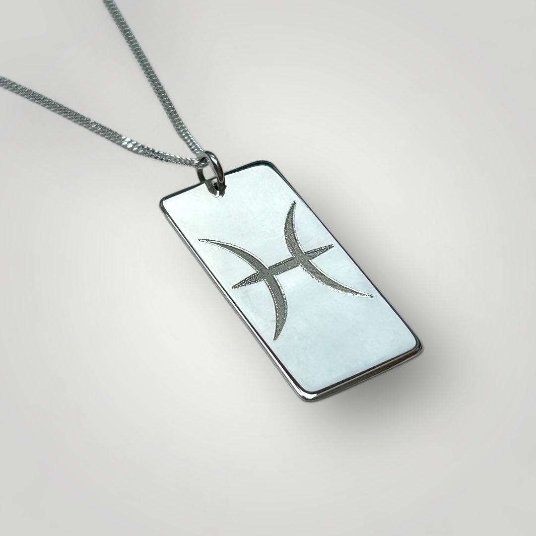 Sterling silver zodiac pendant necklace with engraved personalisation available on reverse of pendant.