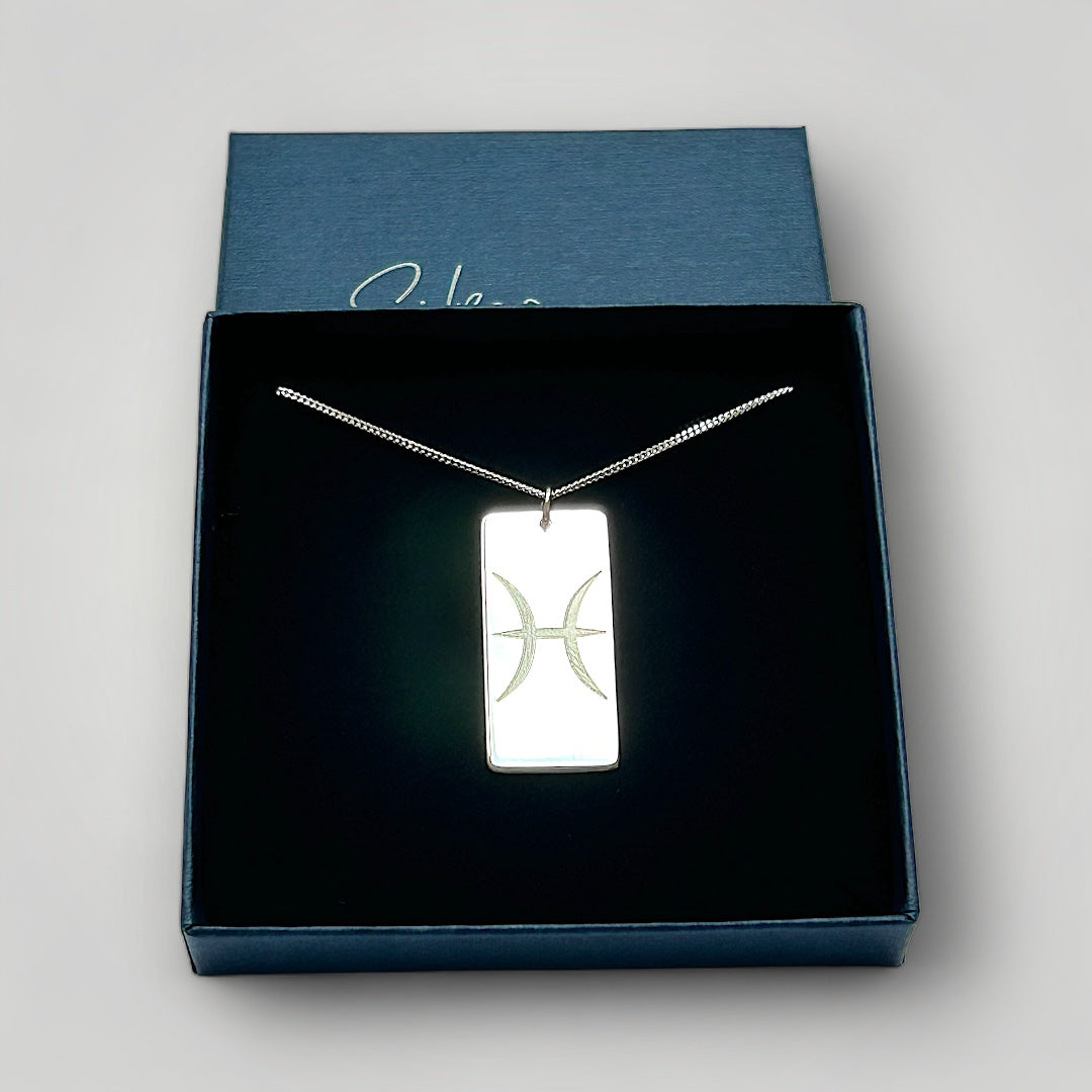 Sterling silver zodiac pendant necklace with engraved personalisation available on reverse of pendant.