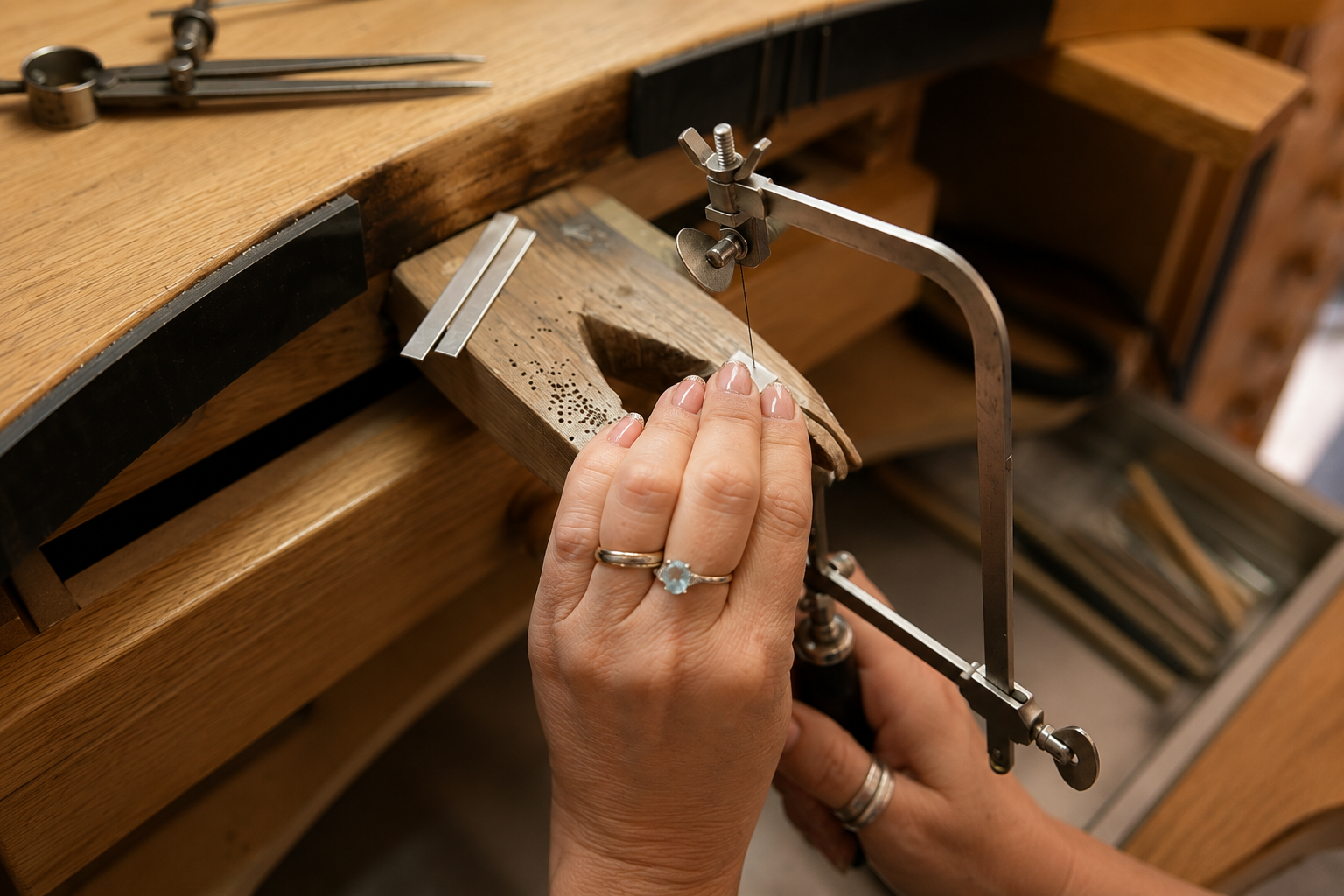 A close up of a persons hands using a jewellers saw on a piece of silver at a wooden jewellers bench with jewellers tools in the background.