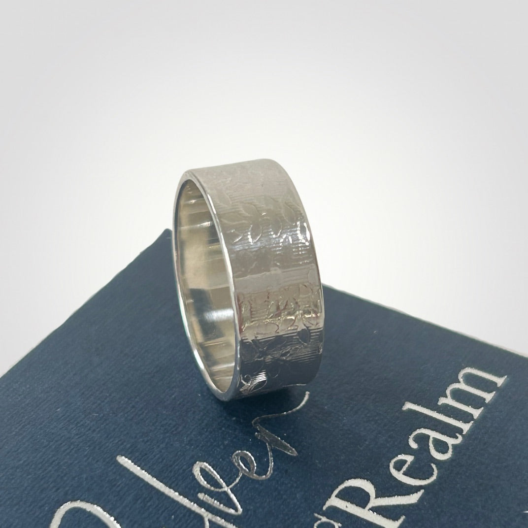 Textured Sterling Silver Wide Ring with Leaf Detail